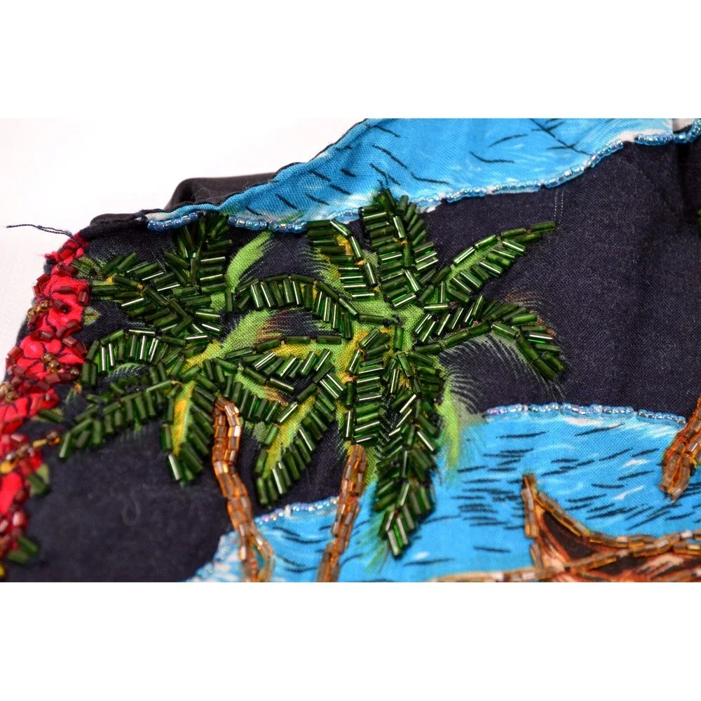 Hawaiian Purse Double Bamboo Handles Hibiscus‎ Floral Catamaran Beaded Fringe